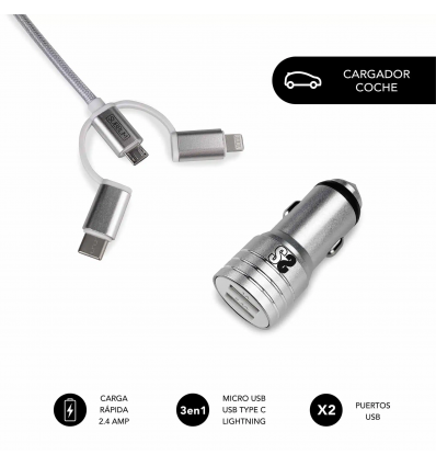 CARGADOR COCHE SUBBLIM USB+ CABLE 3EN1 SILVER