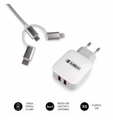 CARGADOR PARED SUBBLIM + CABLE 3EN1 BLANCO