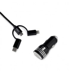 CARGADOR COCHE SUBBLIM USB+ CABLE 3EN1 NEGRO